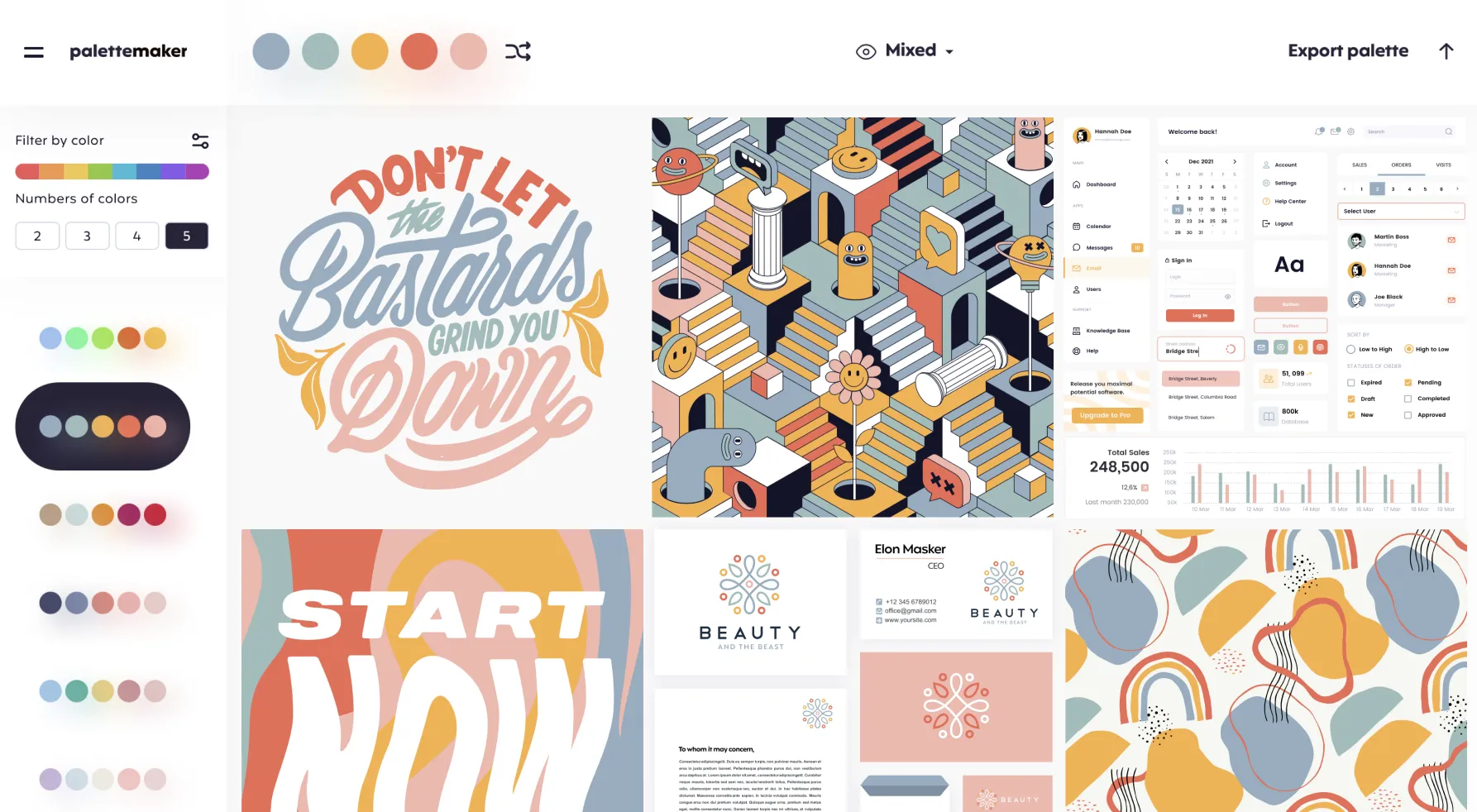 PaletteMaker interface showing a color palette generator used by designers to create and preview harmonious color schemes for UI, logos, and visual projects