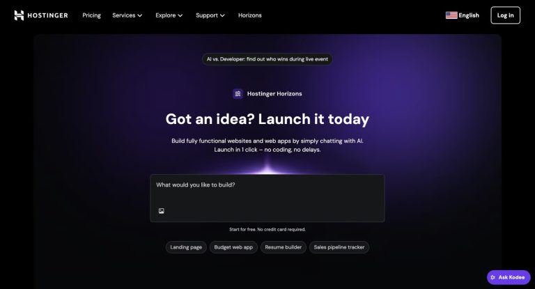 AI web app builder interface showing how Hostinger Horizons helps users create web applications without coding